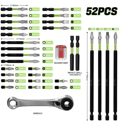 52PCS Impact Screwdriver bit Set-Resistant Magnetic Mixed, Includes Various Sizes and Lengths, Along with a Magnetizer, Extension Rod, and Wrench, to Meet Your Work Needs. - size: Mixed-52PCS (without Box)