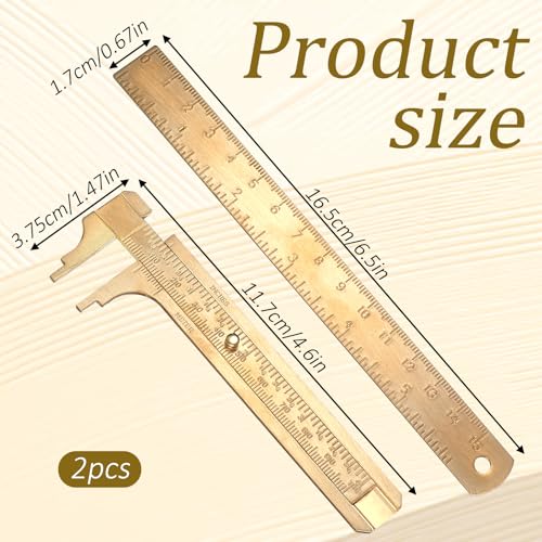 Pocket Caliper 1 PCS 6.4 in Straight Brass Ruler and 1PCS 4.6 in Brass Pocket Calipers with Double Scale Sliding Gauge Bead Measuring Tool Metal Calipers BrassRuler Millimeter Gauge Mini Caliper