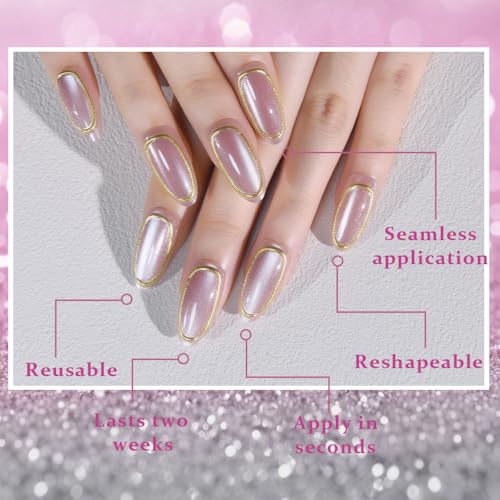 3D Gold Line French Tips Press On Nails Medium Almond, Gold French Tip Cat Eye Press-On Nails, Designer Reusable Acrylic Fake Nail With Glue On Nails, Nails Press Ons False Nails For Women - color: YC-323, size: 24 Pieces (Pack of 1)