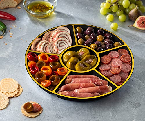 PLASTICPRO 6 Sectional Round Plastic Serving Tray/Platters Black & Gold Pack of 2 - color: Black & Gold