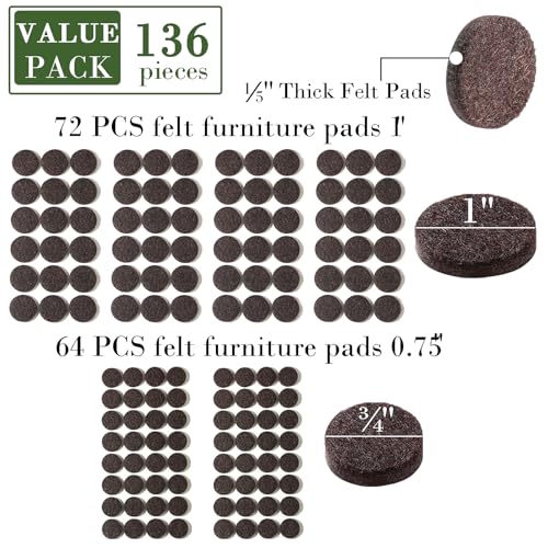 Fursafe&Q Felt Furniture Pads, Furniture Felt Pads for Hardwood Floors -Self Adhesive Chair Leg Floor Protectors, Protect from Nicks, Dents and Scratches, Chair Feet Protectors 136 Pcs Chair Feet - size: 136 Pcs Brown Round Felt Pads