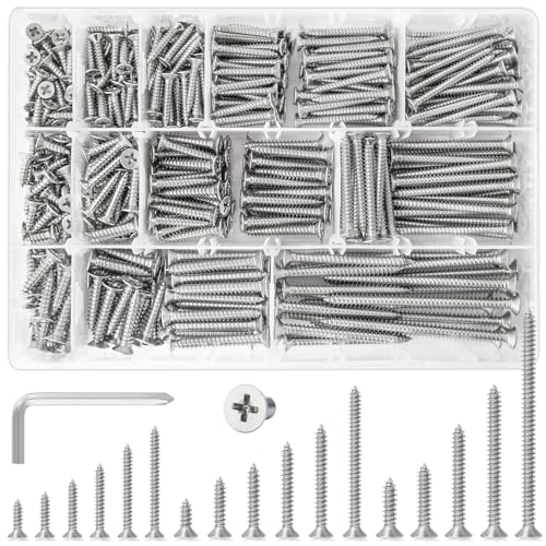 540Pcs #6#8#10 Self Tapping Screws Wood Screws Assortment Kit Phillips Tips Flat Head Drywall Screws, 17 Sizes Set Screw Assortment Kit, 304 Stainless Steel, Length 1/2" to 3", Silver - size: C. #6- #10