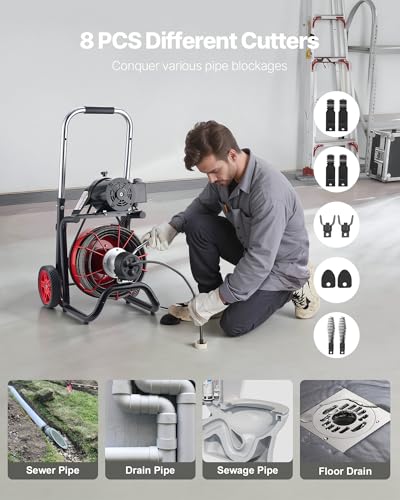 VEVOR Drain Cleaner Machine 100 FT x 1/2 Inch, Auto Feed Sewer Snake Auger on Wheels - with 8 Cutters & Air-Activated Foot Switch for 2" to 6" Pipes - style: 100 FT x 1/2''
