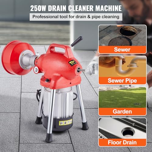 VEVOR Drain Cleaner Machine 66FT x 5/8 Inch, 250W Electric Sewer Snake Auger with 2 Sectional Steel Cables (66' x 5/8" and 15' x 3/8"), 7 Cutters and CW/CCW Control for 1.6" to 4" Pipes - style: 66Ft x 5/8Inch & 7 Cutters