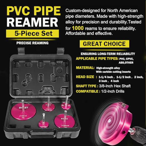 5-Piece PVC Pipe Reamer Tool Kit for PVC, CPVC, ABS Fittings, Includes 1.25", 1.5", 2", 3", 4" Reamers, 3/8" Hex Shaft, Compatible with Standard 1/2" Drills for Pipe Cleaning & Smoothing Edges - size: 1.25+1.5+2+3+4 Inch