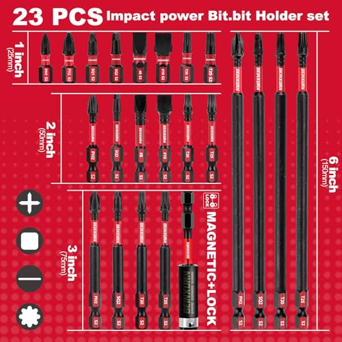 GEINXURN Impact Tough Magnetic Mixed 23Pack Insert Driver Bits, S2 Alloy Steel Screwdriver Power Bits Set with 1Pcs Impact Magnetic Bit Holder - size: MIXED-23PC