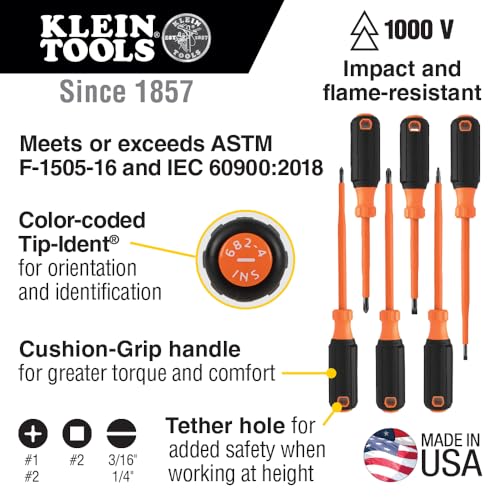 Klein Tools 85076INS Insulated Screwdriver Set, Made in USA, features 1000V Electricial Screwdrivers, (3) Phillips and (2) Slotted and Square Tips, 6-Piece - size: 6-Piece Set