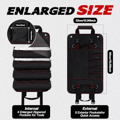 13-Pocket Roll Up Tool Bag with Clear and Mesh Pouches, Black