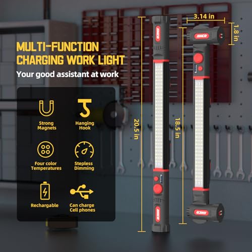 Magnetic work light,5200mAh Long size Rechargeable LED Work Light with Magnetic Bases&HangingHooks,Aluminum Alloy Magnetic light bar with 4Lighting Modes, For Car Repairing/Inspection/Garage