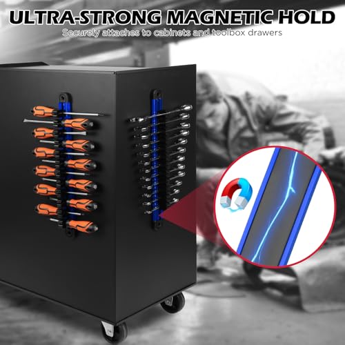 Magnetic Screwdriver Organizer and Wrench Organizer, 14-Slot Screwdriver and Wrench Holder, Magnetic Aluminum Rail Tool Organizer for Tool Box Drawer Wall-Mount Storage, Blue (Tools not Included) - style: 1-Pack Blue (14-Slot)