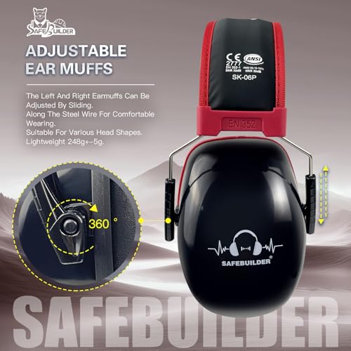 SAFEBUILDER Ear Protection Ear muffs Noise Reduction NRR 28dB Adjustable Hearing Protection for Working Mowing SK-06P - color: Black Cb Red