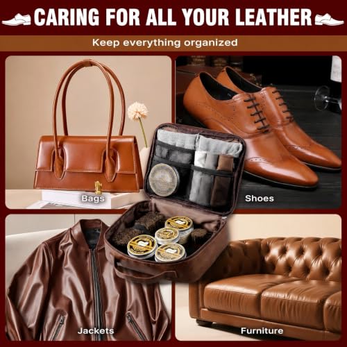 Shoe Shine Kit, Complete Leather Care Set with Black & Brown Shoe Polish, Saddle Soap & Mink Oil, Horsehair Brushes, Shoe Shine Box, Boot Leather Cleaning & Conditioning Kit for Men, Gift for Dad