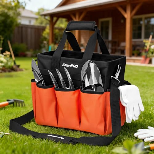 GRENPRO Garden Tool Bag, 10 Pockets, Adjustable Shoulder Strap, Orange - size: 13" Garden Tool Bag Orange