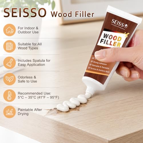 SEISSO White Wood Filler Putty, Waterproof & Paintable for Indoor Outdoor | Stainable & Sandable Wood Putty Filler - Quick Repair for Cracks, Holes, Scratches on Furniture, Cabinets, Floors, Tables