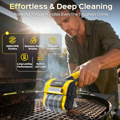 Electric Grill Brush, Grill Cleaner with LED Light, with 800 RPM Motor, Heavy Duty Grill Cleaning Tool, Personalized Grill Gift s for Dad (Yellow) - color: Yellow
