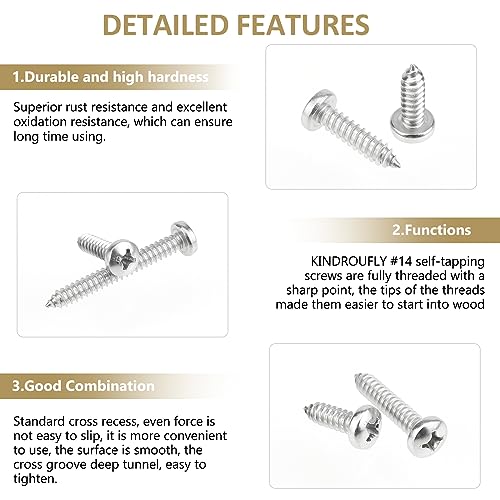 50 Pieces #14 x 3/4" 1" 1-1/4" 1-1/2" 2" Phillips Pan Head Self-Tapping Screws, Wood Screws Assortment Kit, 304 Stainless Steel - size: #14