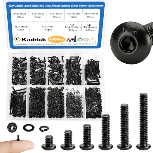 KADRICK 1000PCS M2 Screw Kit,Hex Socket Button Head Bolts 4mm-20mm - size: M2 1000Pcs 4-20mm