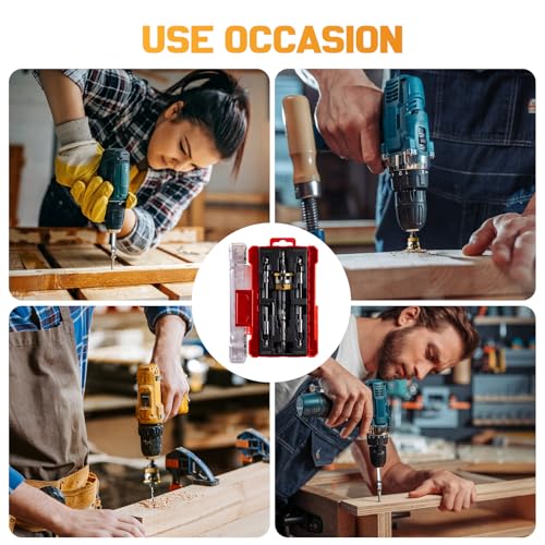 9 Pcs Countersink Drill Bit Set - 5 Pcs 2-Flute TCT Tapered Drill Bits with Adjustable Aluminum Alloy Depth Stop Collar, Bearing Stopper Anti-Scratch, 82° Counterbores, 1/4” Hex Shank for Woodworking - color: Yellow
