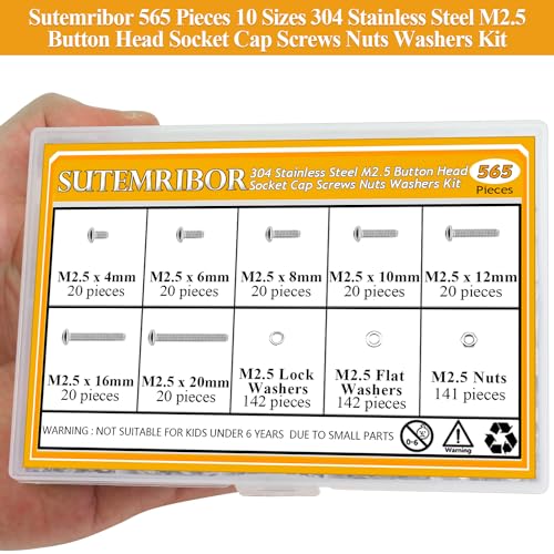 565 Pieces M2.5 Screws Nuts Washers Set, Sutemribor M2.5 x 4/6/8/10/12/16/20mm Button Head Socket Cap Screws Nuts Washers Assortment Kit, 304 Stainless Steel, Fully Threaded - size: M2.5, style: Button Head Socket Cap