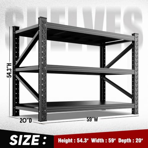 5000LBS Heavy Duty Storage Shelves, 59"W Adjustable Garage Shelving Unit, Rust Proof Large Metal Storage Rack, 20"Dx59"Wx54.3"H Industrial Shelving for Warehouse, Basement, Shop, Supermarket - size: 20"Dx59"Wx54.3"H