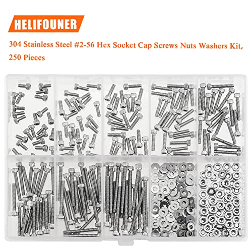 HELIFOUNER 250 Pieces #2-56 x 3/16" 1/4" 5/16" 3/8" 1/2" 5/8" 3/4" 1", Hex Socket Head Cap Screws Bolts Washers Nuts Kit, Coarse Thread, Fully Machine Threaded, 304 Stainless Steel - size: #2-56, style: Socket Head
