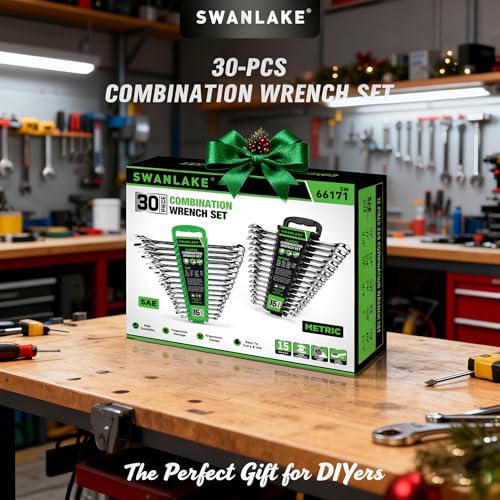 SWANLAKE 30-Piece Combination Wrench Set, Metric & SAE (8-22mm & 1/4” to 1-1/16”),12-Point Open End Standard Wrench Set, Mechanics Wrenches Sets, Chrome Vanadium Steel with Storage Rack - style: 30-Piece Combination