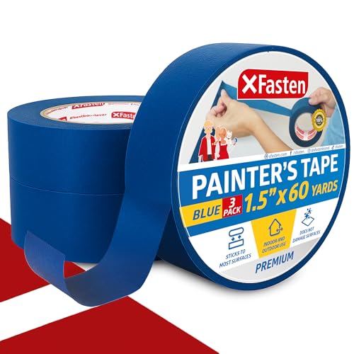 XFasten Professional Blue Painters Tape, Sharp Edge Line Technology, 1.5 Inches x 60Yards (3-Pack) - Produces Sharp Lines and Residue-Free Artisan Grade Clean Release Wall Trim Tape - size: 1.5 Inches x 60 Yards (3-Pack)