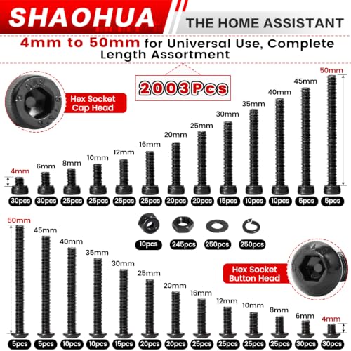 2002Pcs M4 Hex Socket & Button Head Bolts and Nuts with Nylon Nuts - size: K. M4