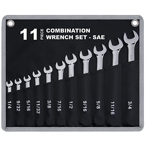 11-Piece SAE Combination Wrench Set in Roll-up Pouch, Non-Skip Inch Sizes 1/4 to 3/4” | Chrome Vanadium Steel with Mirror Finish | Ideal for General Household, Garage Workshop, Auto Repairs and More - size: 11-Piece SAE Set