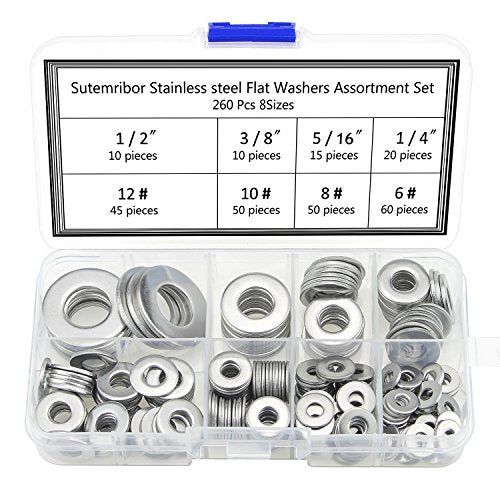 260 Pieces 8 Sizes Stainless Steel Flat Washers, 1/2 3/8 5/16 1/4 12# 10# 8# 6# Hardware Gasket Assortment Kit - size: Stainless Washers Kit (260 Pieces)