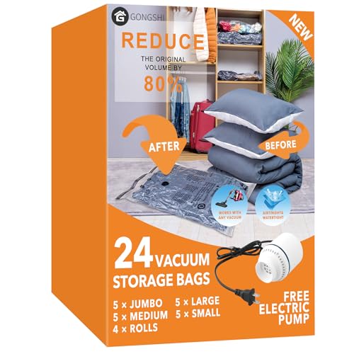 GONGSHI Vacuum Seal Bags for Clothing Travel & Home Storage, Travel Vacuum Bags with Pump,Space Saver for Blankets, Comforters, Pillows, Clothes,24 Combo with Electric Pump