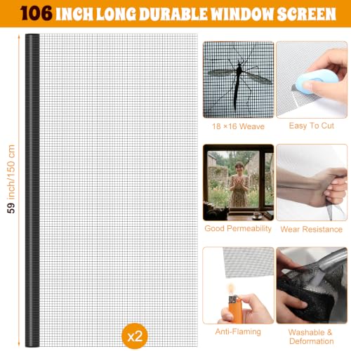 18 Pcs 59"x106" Window Screen Repair Kit Included 2 Rolls Fiberglass Mesh 4"x30ft Screen Repair Tape 8 Clips with Spline, Double Wheel Roller, Hook, Measuring Tape, and Cutter for Door Window - size: 59"x106"