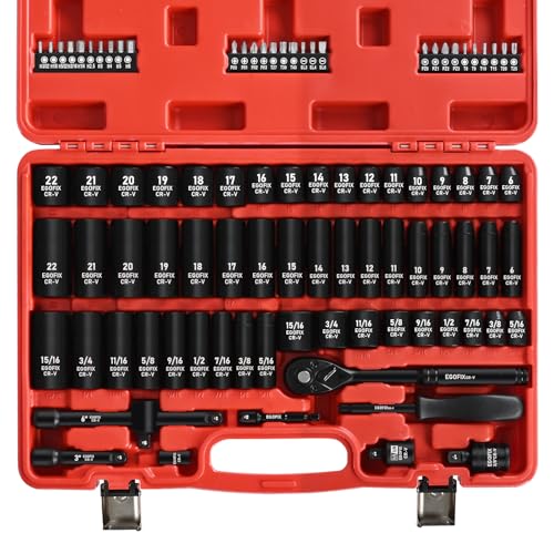 3/8" Drive Impact Socket Set, 90 Piece Metric Socket (6-22mm) and Standard SAE Size (5/16-15/16 inch) 6 Point, with 72-Teeth Ratchet Wrench, Mechanics Tool Kit for Automotive Repair - color: 3/8-90pcs