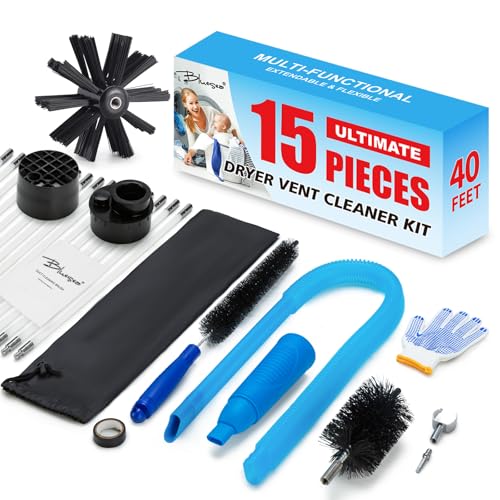 BLuesea Dryer Vent Cleaner Kit, 15-Piece Ultimate Dryer Cleaning Kit Include 40 Feet Dryer Vent Brush, Upgrade Noiseless Dryer Lint Vacuum Attachment, Lint Trap Brush, Vacuum & Dryer Adapters - color: Deluxe, size: 40 FT
