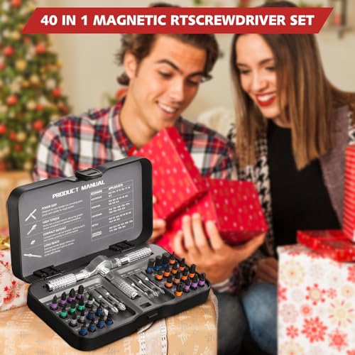 40 in 1 Magnetic Ratchet Screwdriver Set, 58-Tooth Ratcheting Screwdriver with Detachable Handle, Multi S2 Steel Bits, Repair Tool Kit for Computer Bicycle Furniture DIY – Compact Carry Case - size: 40 in 1