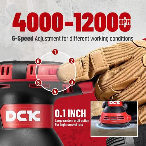 DCK Random Orbital Sander, 3.0 AMP Corded Palm Sander, 6 Speeds Max 12,000 OPM, 5-Inch with 10 pcs Sandpapers, Dust Bag, Low Vibration for Woodworking, Decoration Furniture (KSA125)