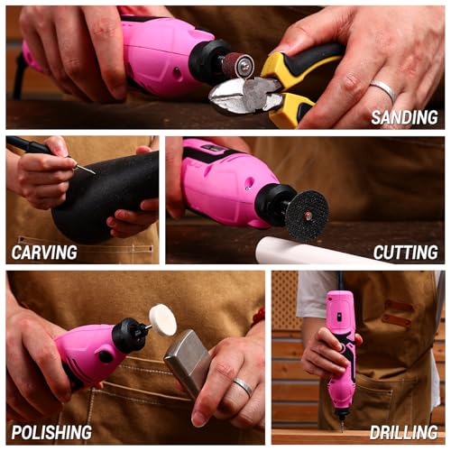 Rotary Tool Kit:DEKOPRO 1.4-Amp Power Hand Rotary Tools with 6 Variable Speed, 127pcs Accessories, 8000~35000RPM Electric Grinder Drill Machine Set with Flex Shaft for Carving, Cutting, Sanding Pink - color: Pink