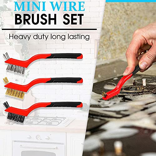 Wire Brush Set for Cleaning Rust Removal in Holes, 3pcs Brass/Stainless Steel/Nylon Brushes - color: Red