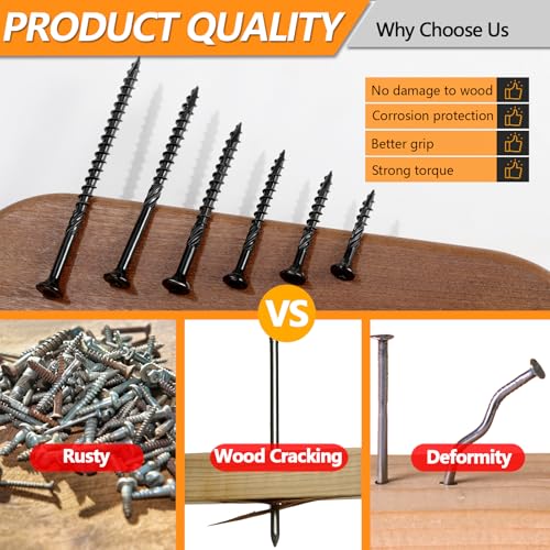 #8#10 Wood Screws Kit, 6 Sizes (1-1/4", 1-5/8", 2", 2-1/2", 3", 3-1/2") - color: Black