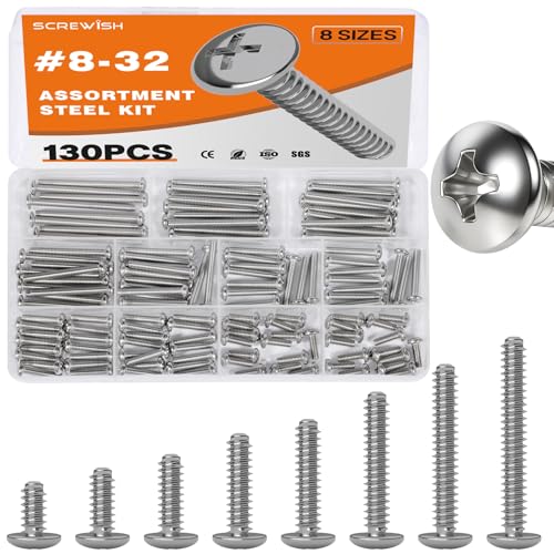 130PCS #8-32 Phillips Pan Head Machine Screw Kit, 1/2-2 in - size: #8