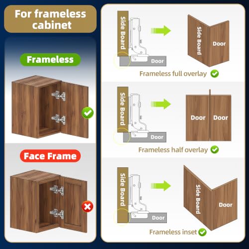 10 Pack Inset Frameless Soft Close Hidden Cabinet Hinges, 105 Degree 3D Adjustable Clip On Plate Concealed Kitchen Cupboard Door Hinges with Screws - size: Inset