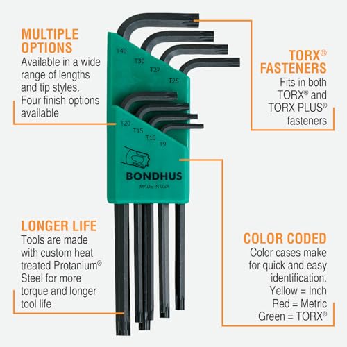 Bondhus 31834 Long Length Star-Tipped L-Wrenches, 8 Piece Set, sizes T9-T40