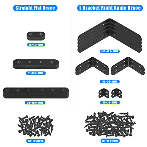 Glarks 134Pcs Black Corner Brace Set, 24Pcs L Shape Bracket and Flat Bracket Metal Joint Plate Fastener with 110Pcs Screws for Wood Wood Chair Bookshelf Board Window Furniture Cabinet