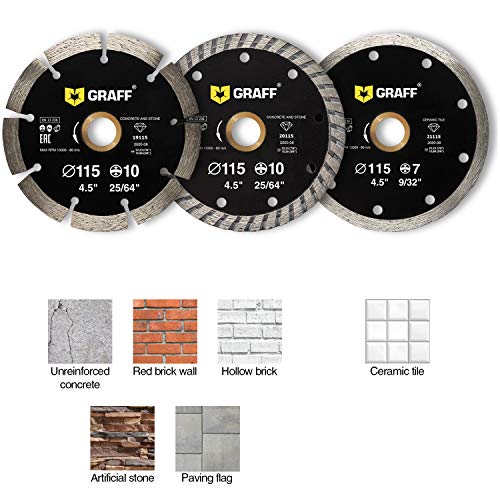 3 PCS 4 1/2 Inch Diamond Blade for Angle Grinder — Diamond Cutting Wheel for Cutting Stone, Marble, Granite, Brick, Masonry, Paving Flag, Concrete — GRAFF - size: Ø Set 4 ½ Inch Segment, style: Diamond Segment Blades