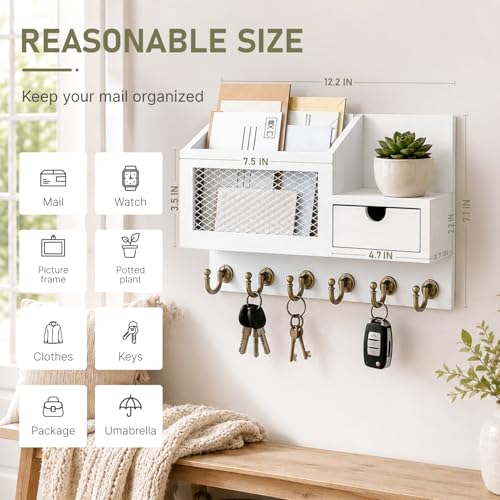 FifthQuarter Key Hanger Wall Mount with Drawer and 6 Sturdy Hooks, B-White - color: B-White
