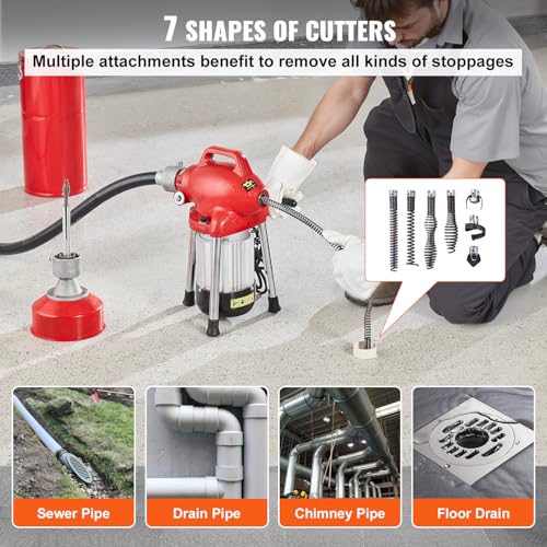 VEVOR Drain Cleaner Machine 120FT x 5/8 Inch, 370W Electric Sewer Snake Auger Manual Feed - with 2 Sectional Steel Cables(120' x 5/8" and 23' x 3/8"), 7 Cutters and CW/CCW Control for 1.6" to 4" Pipes - style: 120Ft x 5/8Inch & 7 Cutters