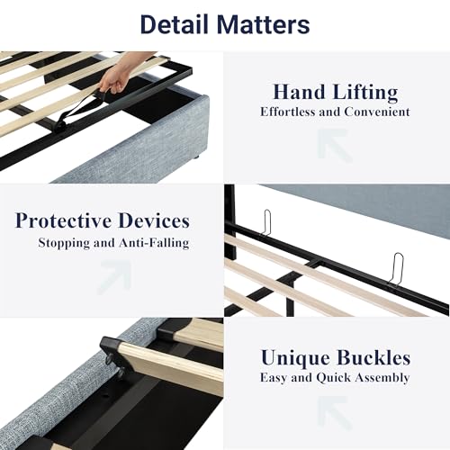 Allewie Queen Size Lift Up Hydraulic Storage Bed Frame Blue Grey - color: Blue Grey, size: Queen, style: Modern