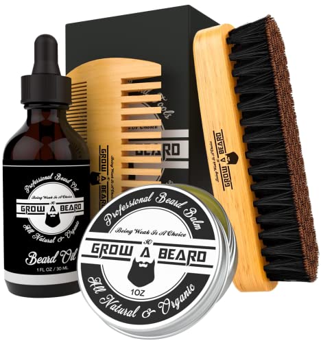 Beard Brush, Beard Comb, Beard Oil, & Beard Balm Grooming Kit for Men's Care, Travel Facial Hair Set for Growth, Styling, Shine & Softness, Great Gifts for Him, Fathers Day, Dad Gifts - color: Kit