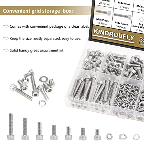 352 Pieces M4 x 6/8 /12/16 /20/25 /30mm Hex Socket Head Cap Screws Nuts Washers Assortment Kit, 304 Stainless Steel, Fully Machine Thread - size: M4, style: Socket Head