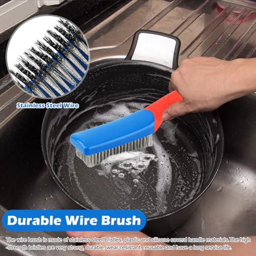 2 Pack Steel Brush for Cleaning-Heavy Duty Stainless Steel Wire Brush for Metal Rust Cleaning, Paint Scrubbing with Rubber Covered Handle